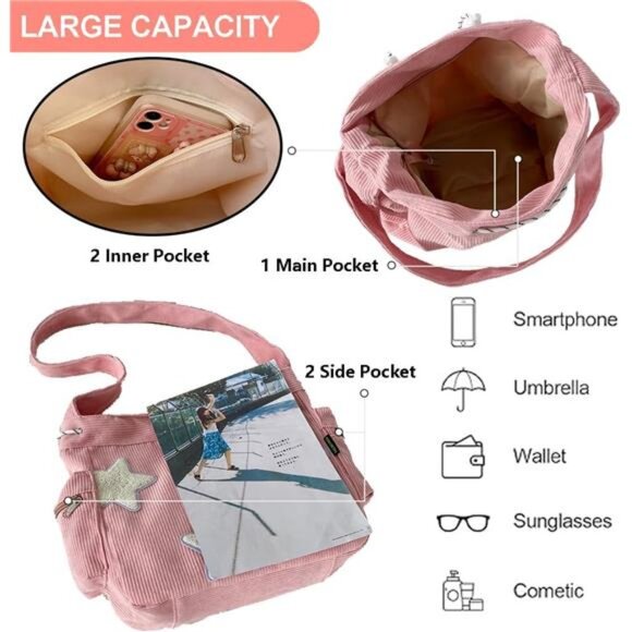 Womens Corduroy Crossbody Bag Tote Shoulder Bag Messenger Y2K Hobo Cute Purse - Picture 4 of 7